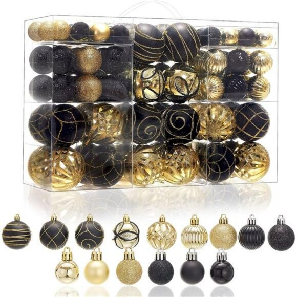 100Pcs Black and Gold Christmas Tree Ornaments Shatterproof Baubles Holiday Deco - Picture 1 of 7